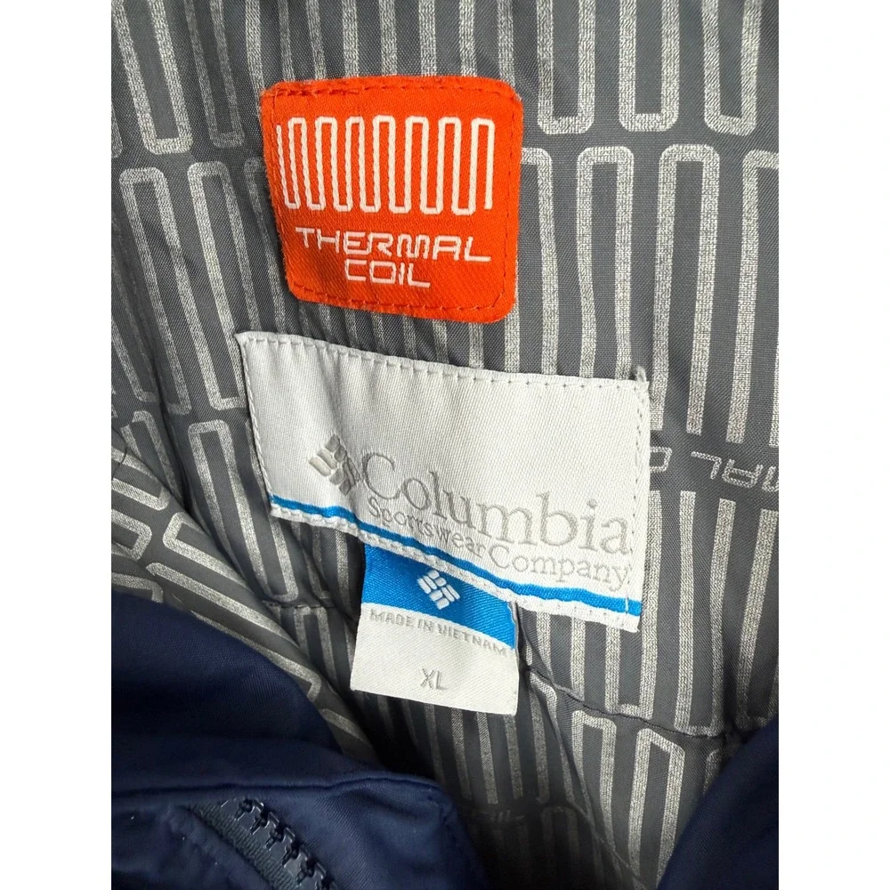 Columbia Thermal Coil Winter Jacket Mens XL Navy Blue Grey Colorblock Hooded